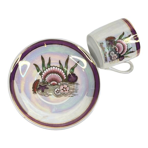 Republica Dominicana TEA CUP & SAUCER SET Demitasse Iridescent Pink Shell Ocean - Picture 2 of 8